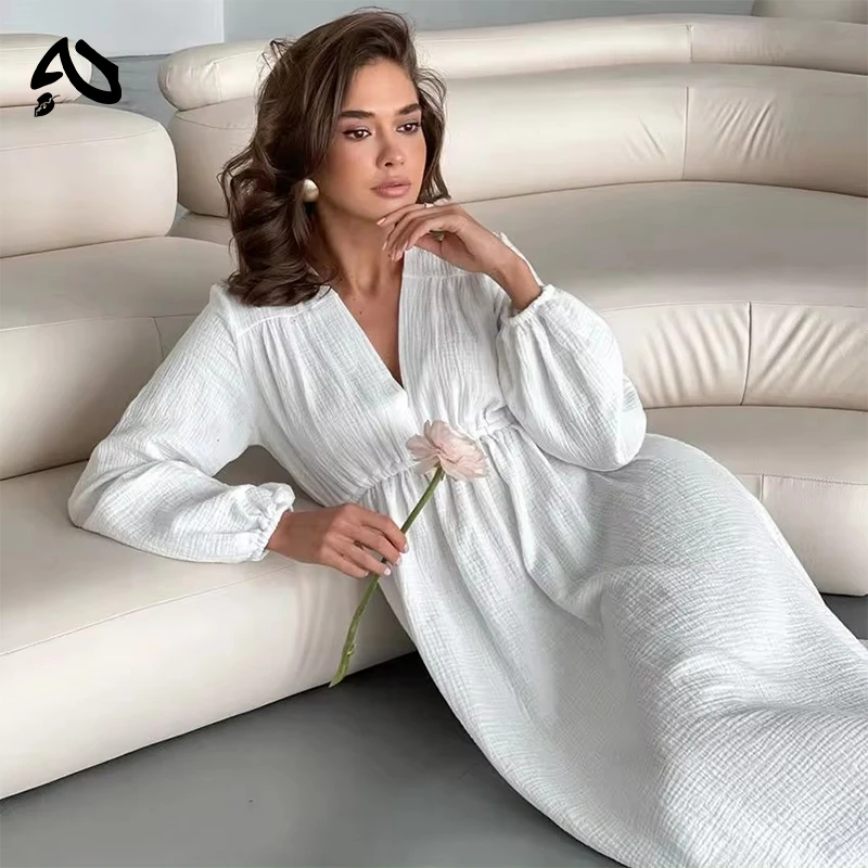 

Элегантное платье из 100% хлопка с длинным рукавом и v-образным вырезом, высокой талией, вечернее платье, женское платье Mori Girl, белые платья миди Mori Look