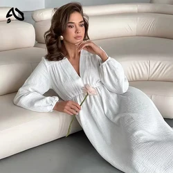 Original Elegant 100% Cotton Dress Long Sleeve V-Neck High Waist Evening Party Dress Women Robe Mori Girl White Midi Dresses