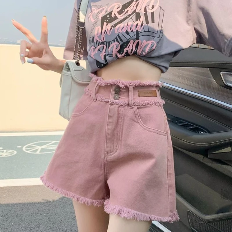 

Spring Hot Girls Breasted Straight Jeans Shorts for Women with High Waist Loose Large Size Fat Mm Wide Legs Look Thin