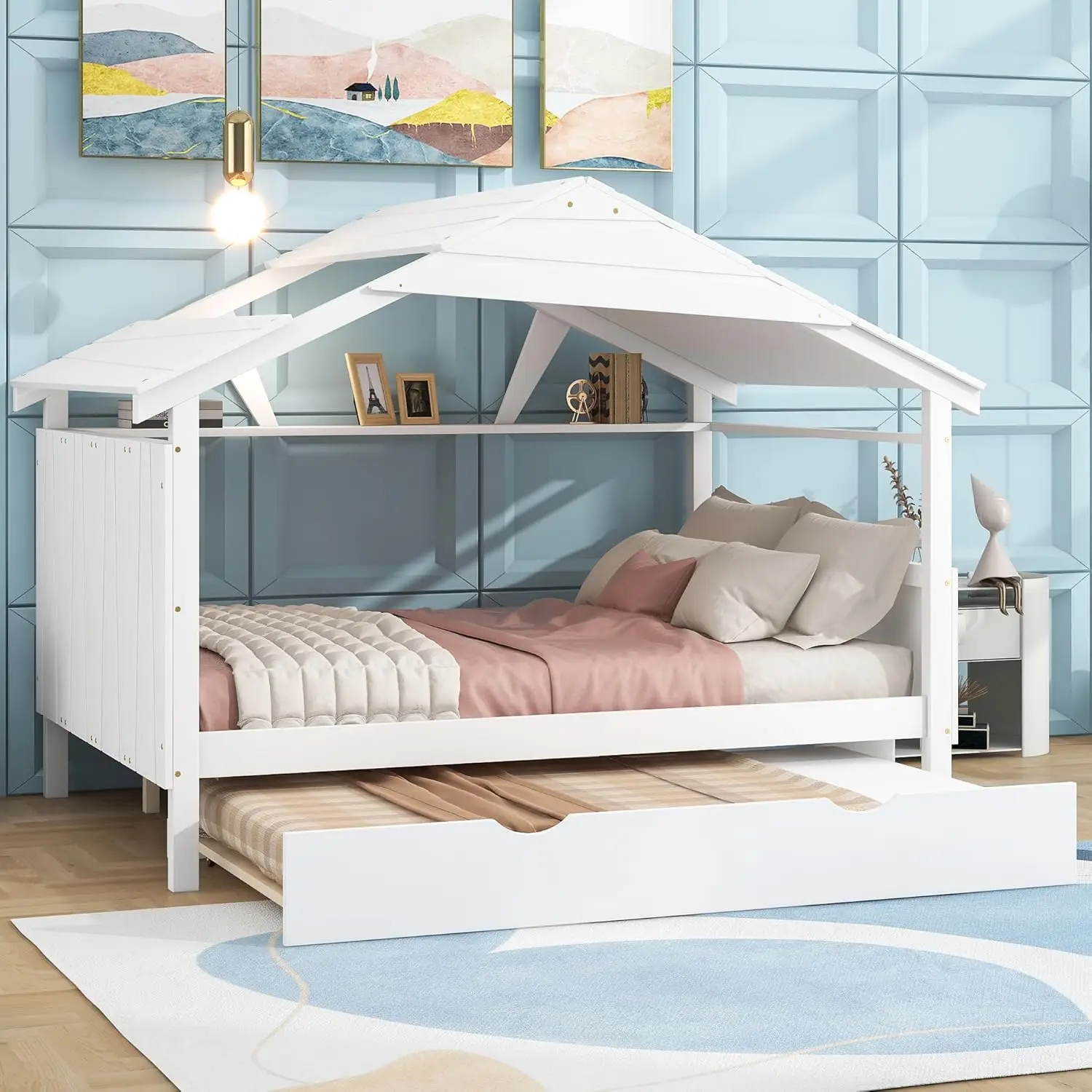 Kids House Bed With Trundle Bed, Full Bed Frames With Headboard And Storage Shelf, Full Daybed With Roof, Full Size House Bed