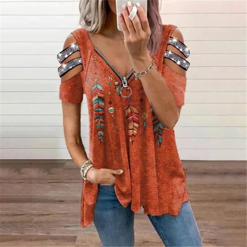 2025 Women's New Arrival Best Selling V-Neck Zipper Pullover Locator Printed Short Sleeve Loose T-shirt Ladies Fashion T-shirts