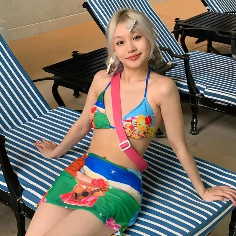 Y2K Girls Kawaii Hello Kittys Swimsuit Split Bathing Suit Summer Woman's Bikini Set Sexy Thong Swimwear Hawaii Beach Wear Gifts