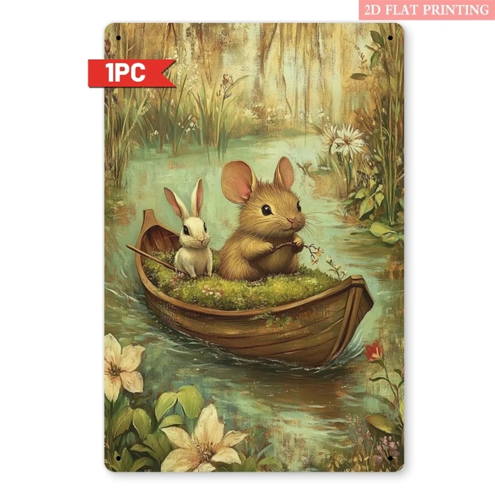 Vintage Retro Metal Sign with Mice, Boats, and Rabbits, 8x12inch Vintage Decorative Signs, Suitable for Bedroom, Cottage, or Garden Wall Art