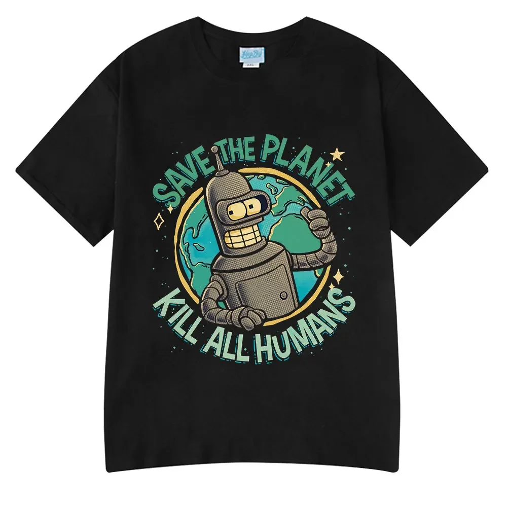 

Summer men's save the Earth, kill all humans robot pattern printed 100% pure cotton fashionable short-sleeved T-shirt top