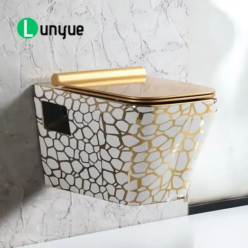 Luxury Gold Wall Hung Toilet with Golden Seat Cover and Flush Plate Modern Bathroom WC Suite Elegant Design Space Saving