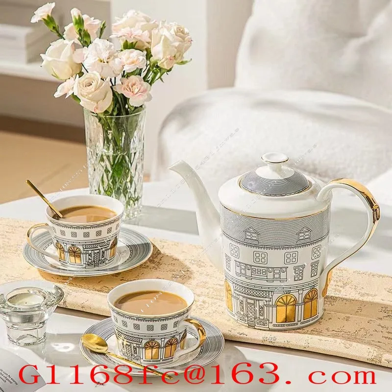 Italian Golden Roman Architecture Coffee Cup Saucer Teapot Set