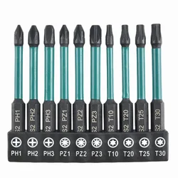 10PCS 70mm High Torque Screwdriver Bits Set PH/PZ/Trox for Electrician Circuit Breakers Industrial Maintenance Pro Tools