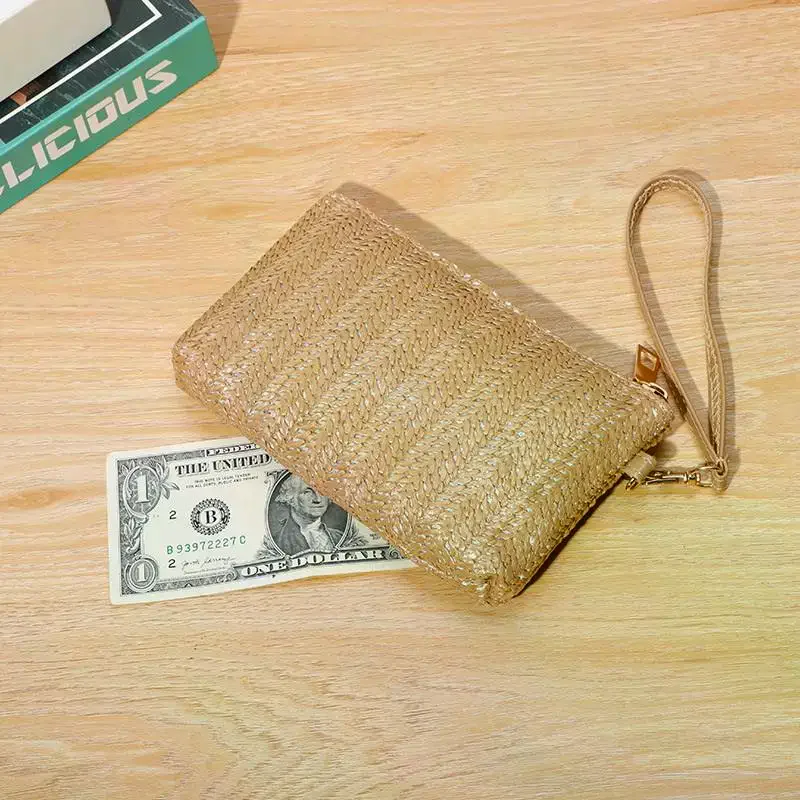 Weaving Bag Fashion Ladies Wristlet Clutch Women Daily Money Phone Clutch Solid Straw Woven Coin Purse Beach Wallet Card Holder