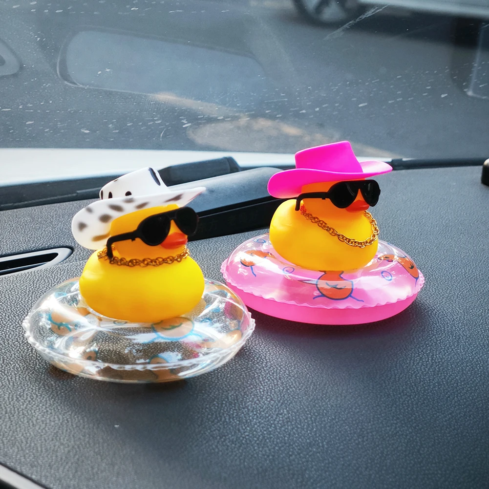 Mini Rubber Duck Car Ornaments Dashboard Interior Decor Cowboy Hat Duck With Scarf Sunglasses Kids Toys Gifts Car Accessories