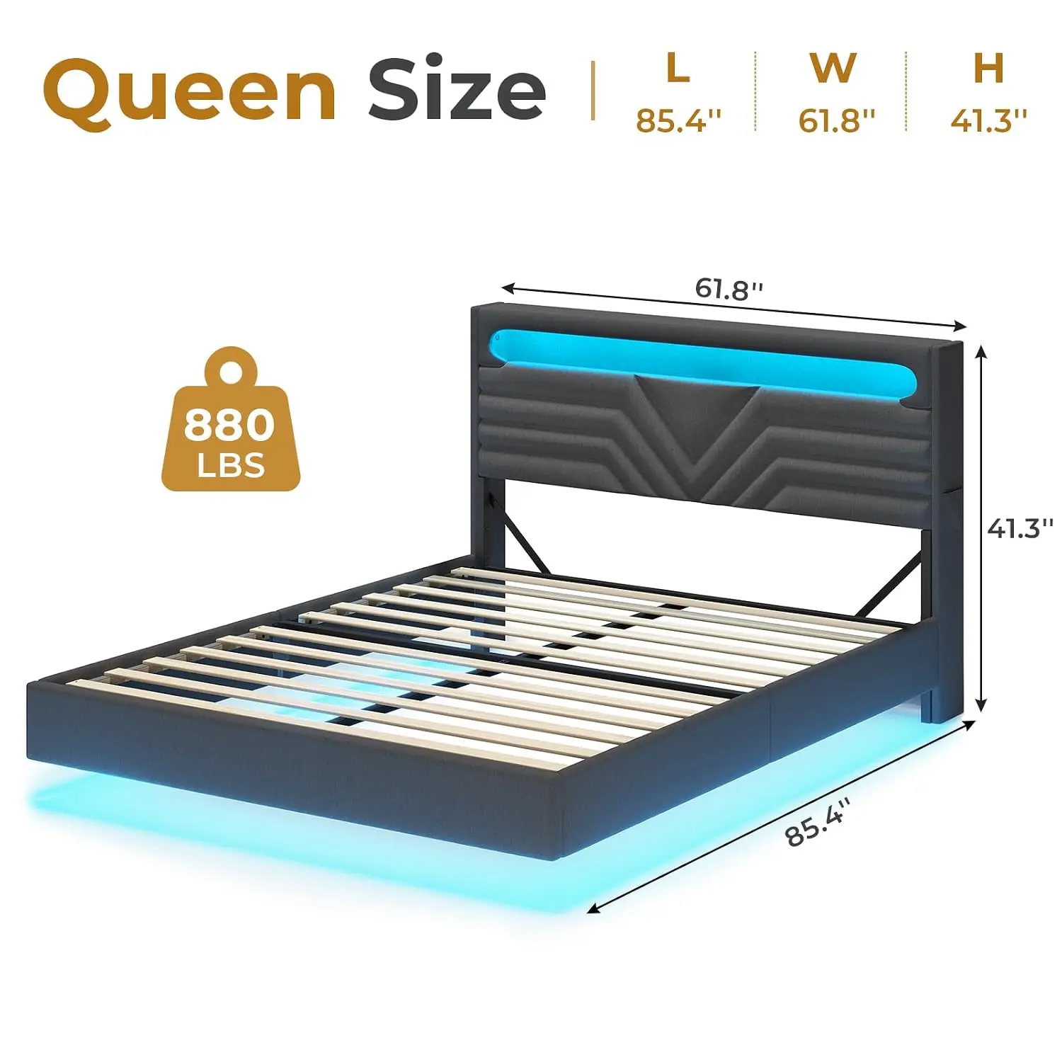 LED Floating Bed Frame Queen Size with Storage Headboard, Dark Grey | Upholstered Queen Platform Bed Frame with, Customized