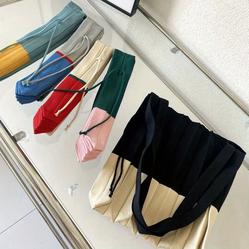 

1pcs New Foldable Knitted Patchwork Tote Bag - Eco-Friendly Color Block Shoulder Purse Lightweight Women's Accordion Design