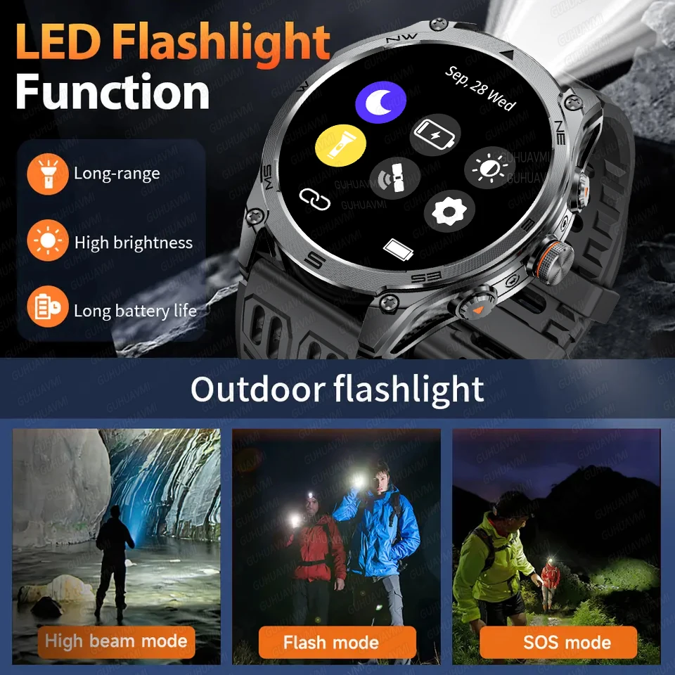 New Outdoor Sports GPS Compass Barometer SmartWatch Strong Light Flashlight IP68 Waterproof 1.75-inch AMOLED Smart Watch for Men
