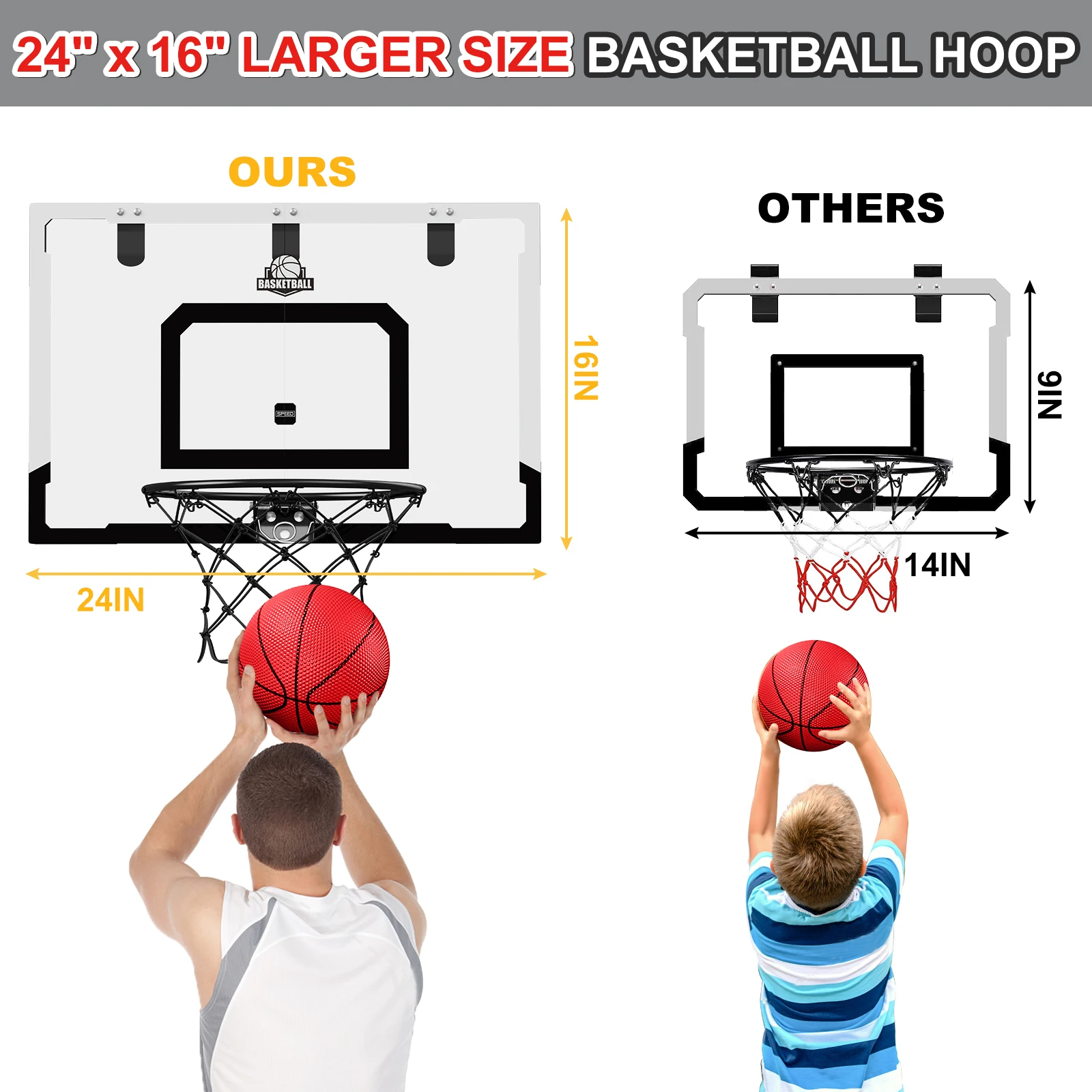 Aro de baloncesto grande de 24x16 pulgadas para interiores para hombre, niño, adolescente, niño y niña, con tablero trasero resistente, juguetes de baloncesto grandes