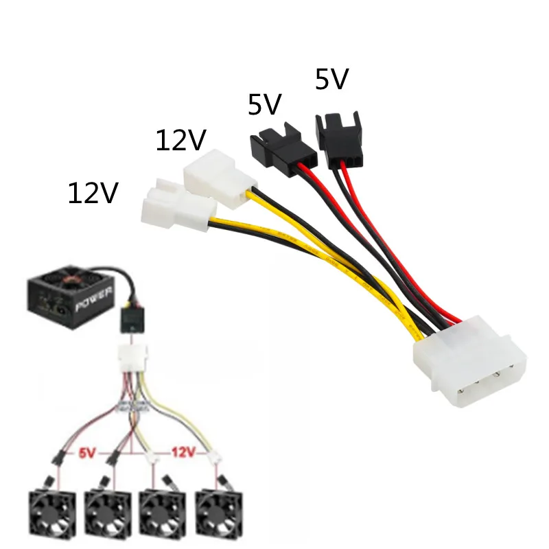 Cable adaptador Molex de 4 pines a VENTILADOR DE 3 pines, Conector de 12v x 2 / 5v x 2, Cables de ventilador de refrigeración de ordenador para CPU y PC