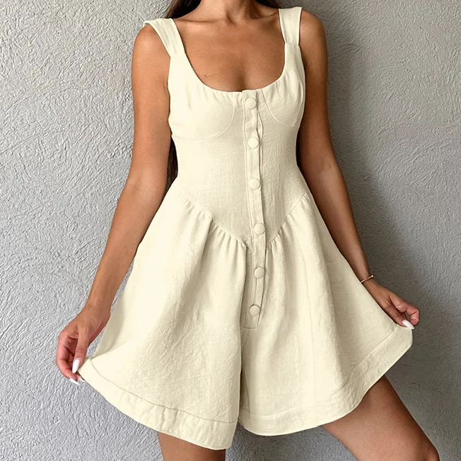 Women Clothing 2024 Summer New Solid Color Khaki Cotton Linen Round Neck Sleeveless Fashion Shorts Women Casual Simple Jumpsui