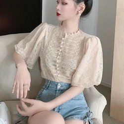 Elegant Lace Women Shirts Puff Short Sleeve Summer Ladies Chiffon Blouse Luxury Pearls Designed Female Tops