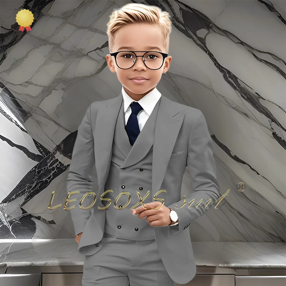 3-Piece Boys Suit Elegant Peak Lapel Blazer Shawl Vest Trousers Outfit for Wedding Party Cocktail Birthday Performance