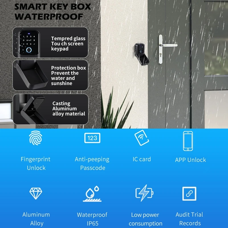 Smart Key Box IP65 Waterproof Bluetooth Wireless Lock Box Fingerprint/ Password/ Card/  Key/ App Unlock Electronic Key Box