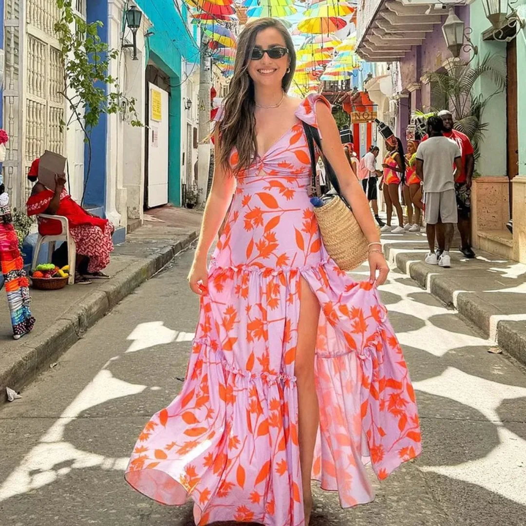 

One Piece Swimsuit For Women European And American Swimwear V-neck Ruffle Edge Seaside Vacation Printed One-piece Swimsuit