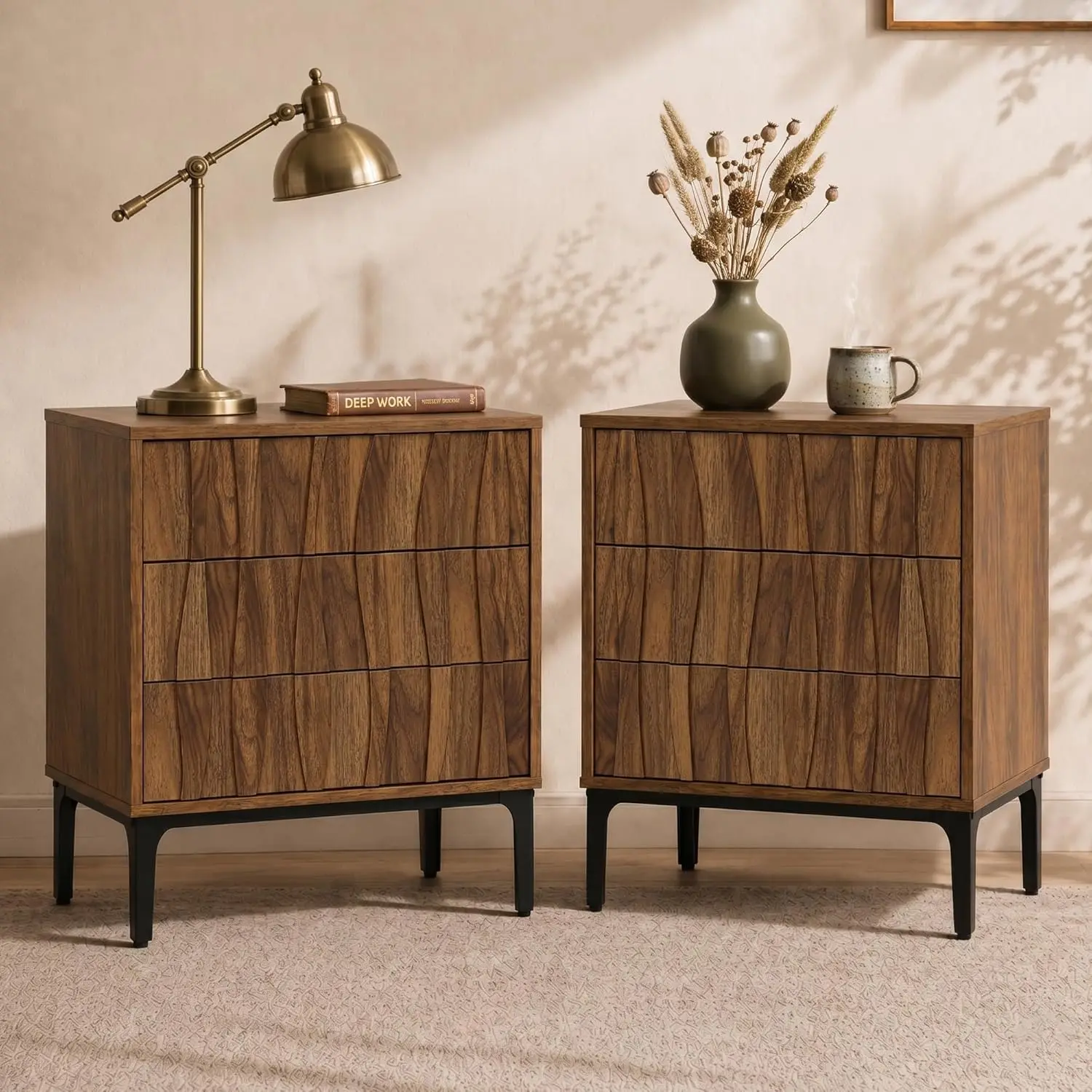3-Drawer Nightstands Set Of 2, 3D Wave Front, Walnut | Six Handle-free Push-to-open Drawers Total; Sculpted 3D Wave, Customized
