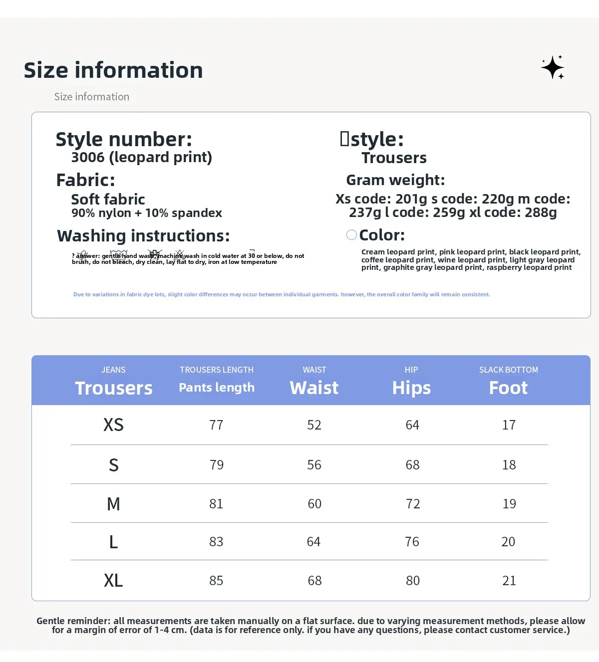 Size chart and fit details