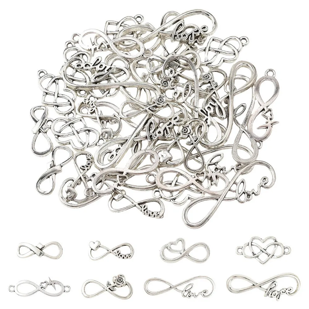 

80pcs Mixed Infinity Symbol Charms Tibetan Style Alloy Link Silver Color Heart Love Infinity Connectors for Jewelry Making Decor