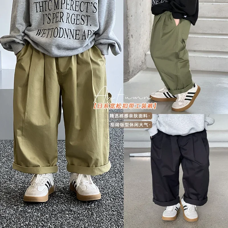 Children's Trousers 2024 Spring New Boys' and Girls' Loose Buckle Overalls Net Red Trendy Pants