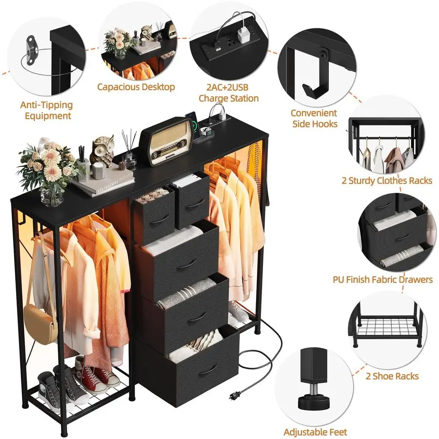 Kommode mit 2 Hängeregestellen, 5 Schubladen, Kommode mit LED-Leuchten und Ladestation, Kommoden mit Kleiderständer, Schuhregale und