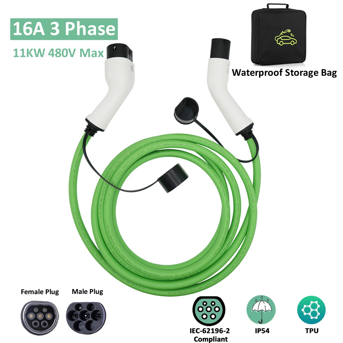 

Sale Type 2 11kw Fast EV Car Charging Cable 3 Phase Mennekes Electric Car Vehicle Female to Male Plug 5M with Storage Bag