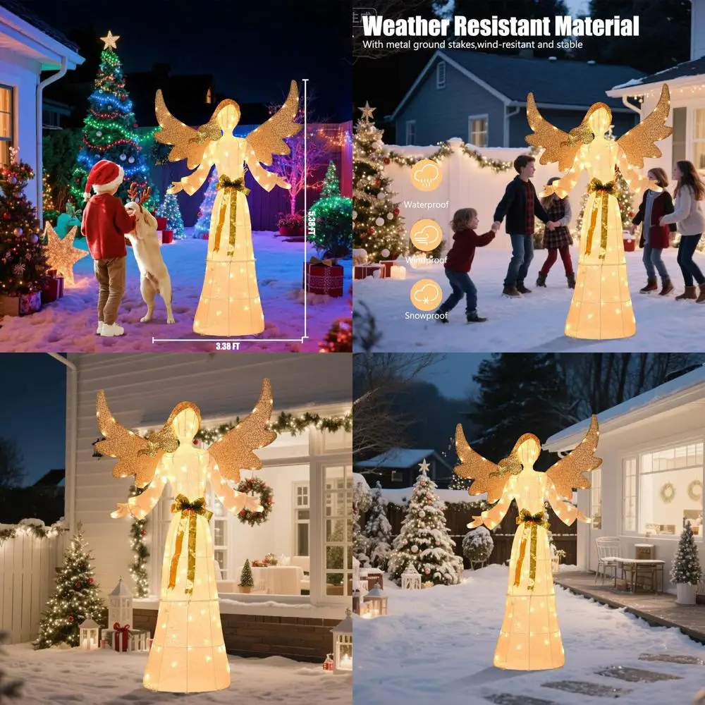 

3D Glittery Pre-lit Christmas Angel with Bow, Collapsible Wings, Outdoor/Indoor Lawn Decoration
