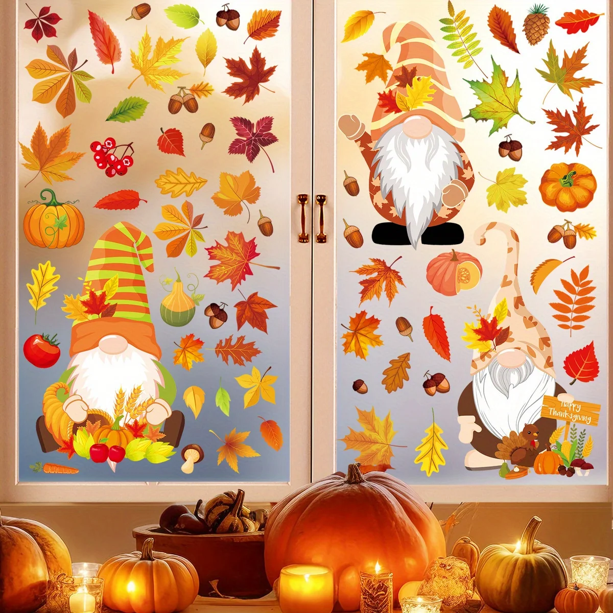 Thanksgiving Autumn Decoration Window Stickers,Self-adhesive Decorations Glass Window Pictures Autumn Leaves and dwarves Sticker - Image 2