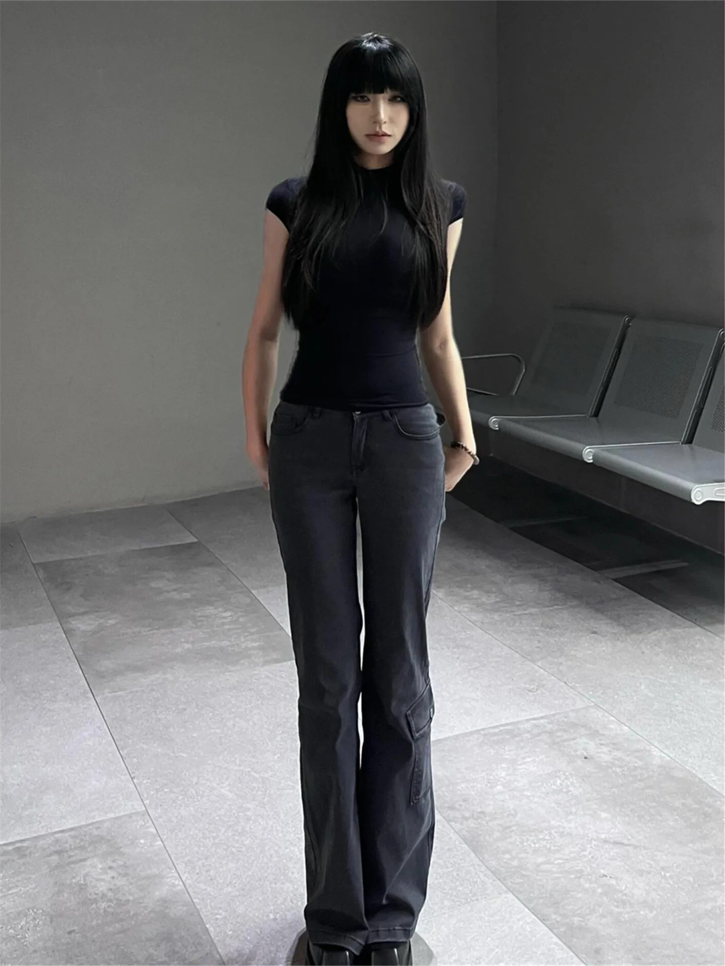 

Женские джинсы-клеш с низкой посадкой в винтажном стиле, весна-осень, с множеством карманов, рабочая одежда, хлопок, повседневные, облегающие