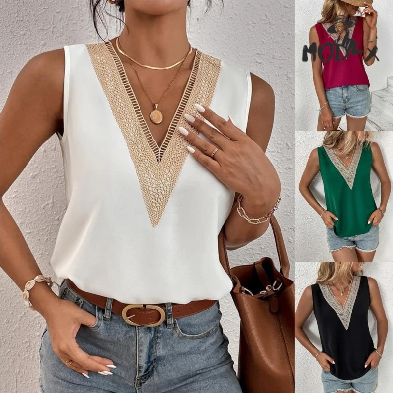 2024 Europe And The United States New Sleeveless V-neck Lace Splicing Simple Summer Shirt Female Blusas Massimo Dutti Women News