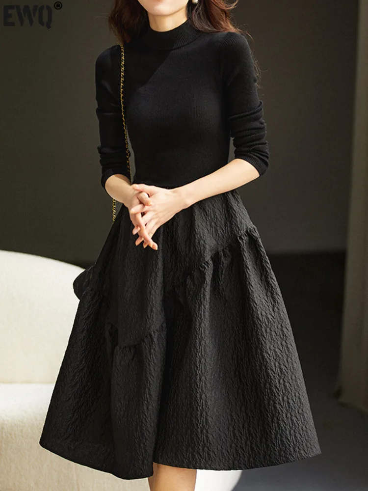 [EWQ] Elegant Women Ldress Ong Sleeve Sweater Patchwork Jacquard Black Elastic Dresses Vestido 2024 Autumn Winter New 16U4961