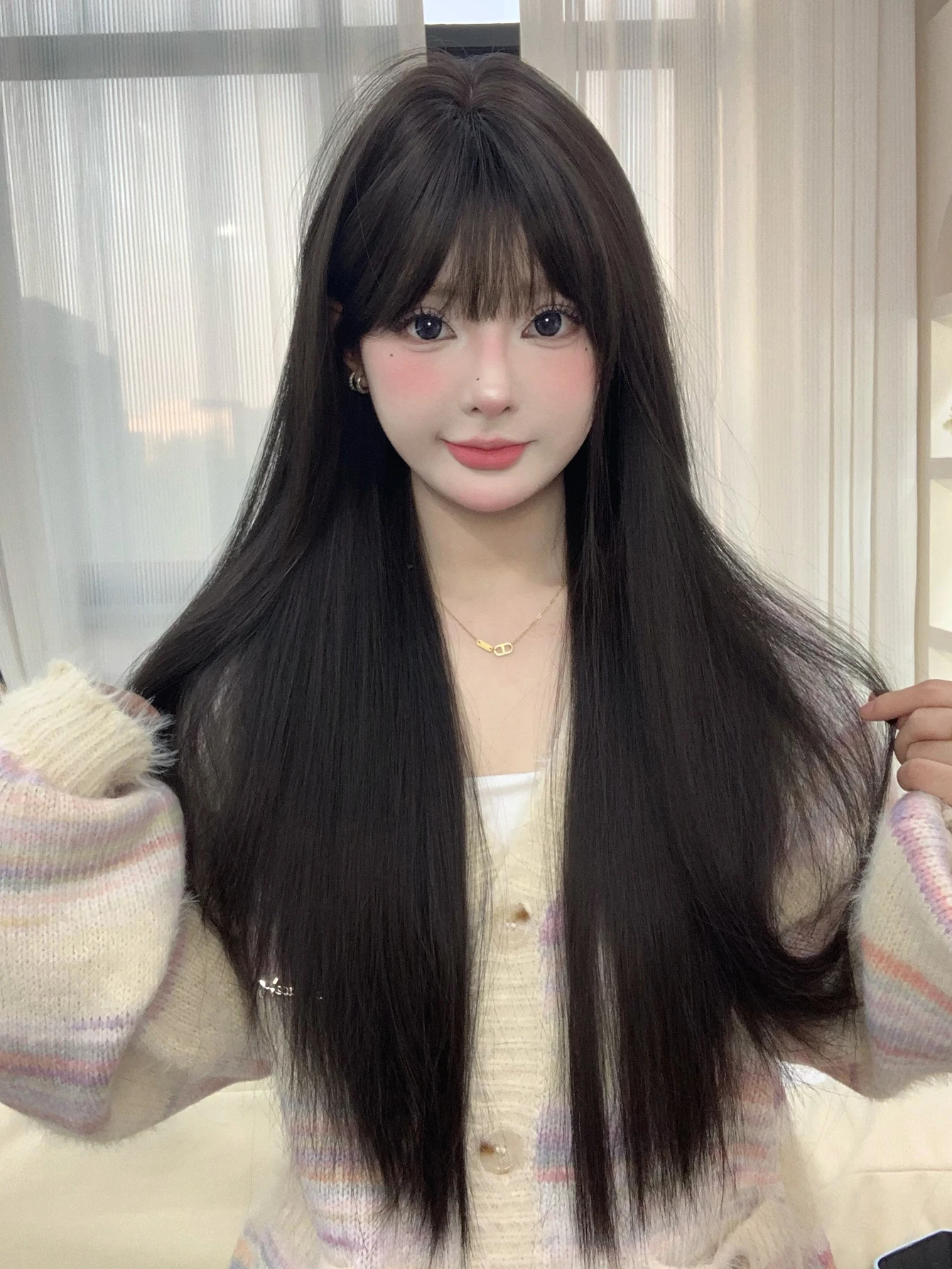 30Inch Black Pretty Girlish Synthetic Wigs With Bang Long Natural Straight Hair Wig for Women Daily Use Cosplay Heat Resistant