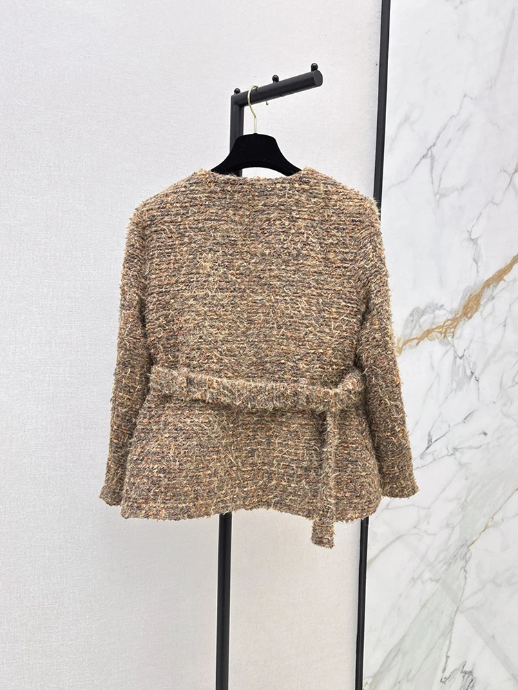 Spring Autumn Fashion Light Brown Vintage Weave Jackets Women's O-Neck Metal Diamond Button Fake Pocket Long Sleeve Belt Coat