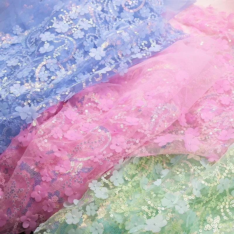

130cm Wide Mesh Embroidery Sequin 3D Flower Tulle Fabric DIY Dress Clothing Handmade Bow Material for Decoration Clothes Crafts