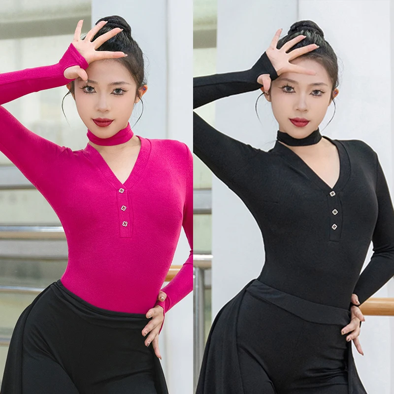

Latin Dance Bodysuit Adult Female Cha Cha Dance Long Sleeve Tops Ballroom Prom Dancing Wear Knitted Shirt Rose Red Black XH1948