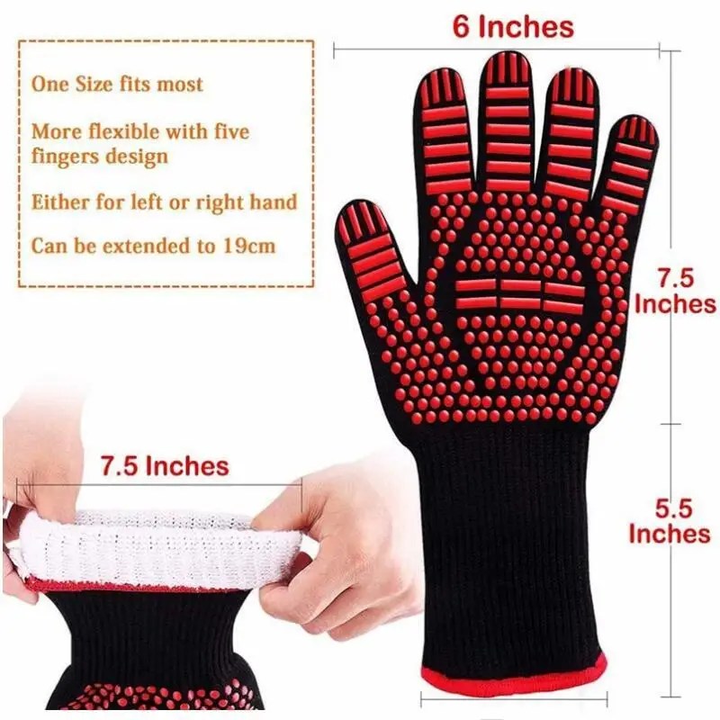 BBQ Gloves Fireproof Heat Resistant Oven Mitts Silicone Non-Slip Kitchen Grilling Gloves Barbecue Cooking Baking Smoker Gloves