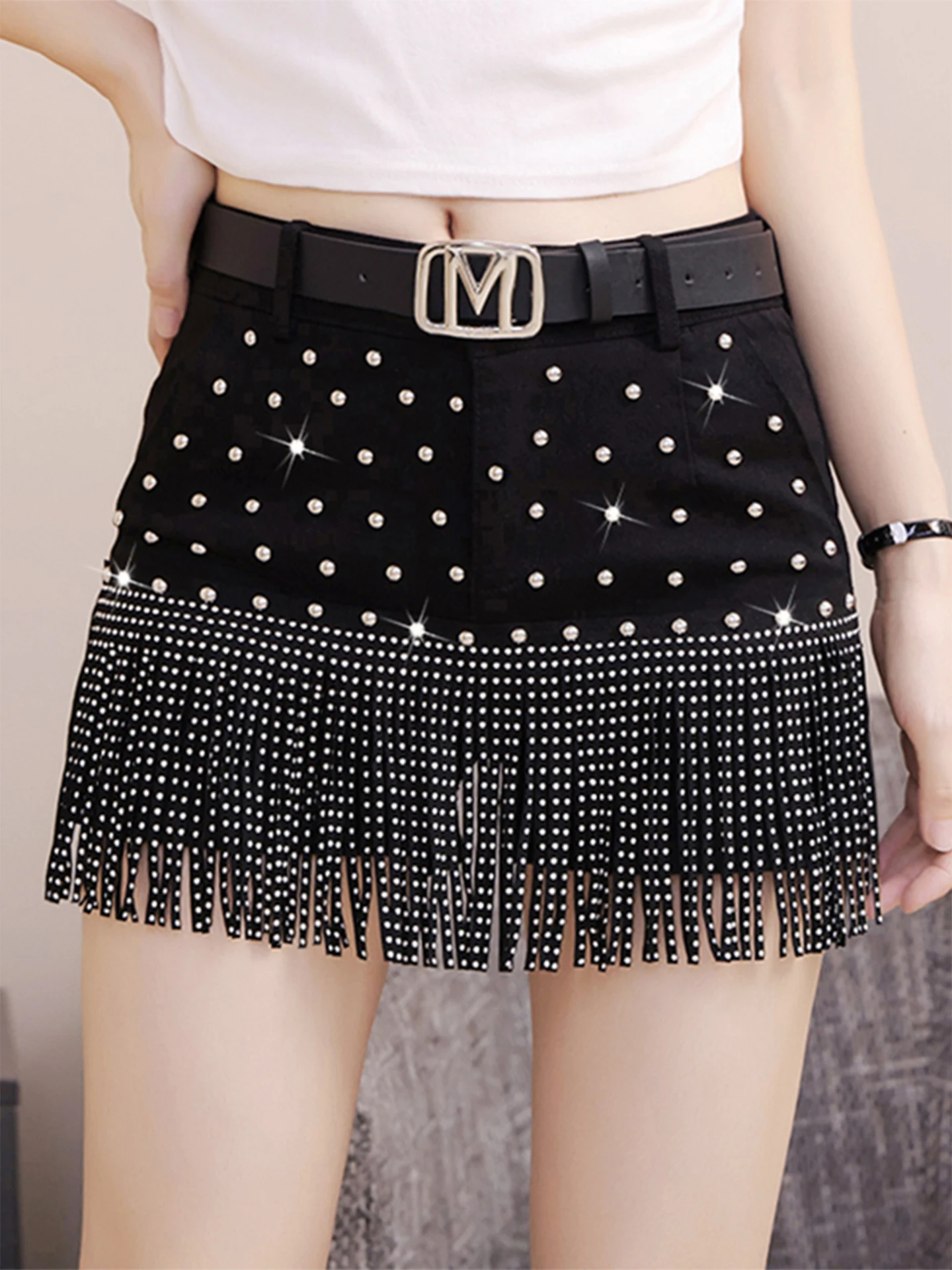 Rocker Style Sequin Trim Short Pants Women's Heavy Duty Rivet Stage Costume High Waist Slim Fit Sexy Latin Dance Skirt Candy ...