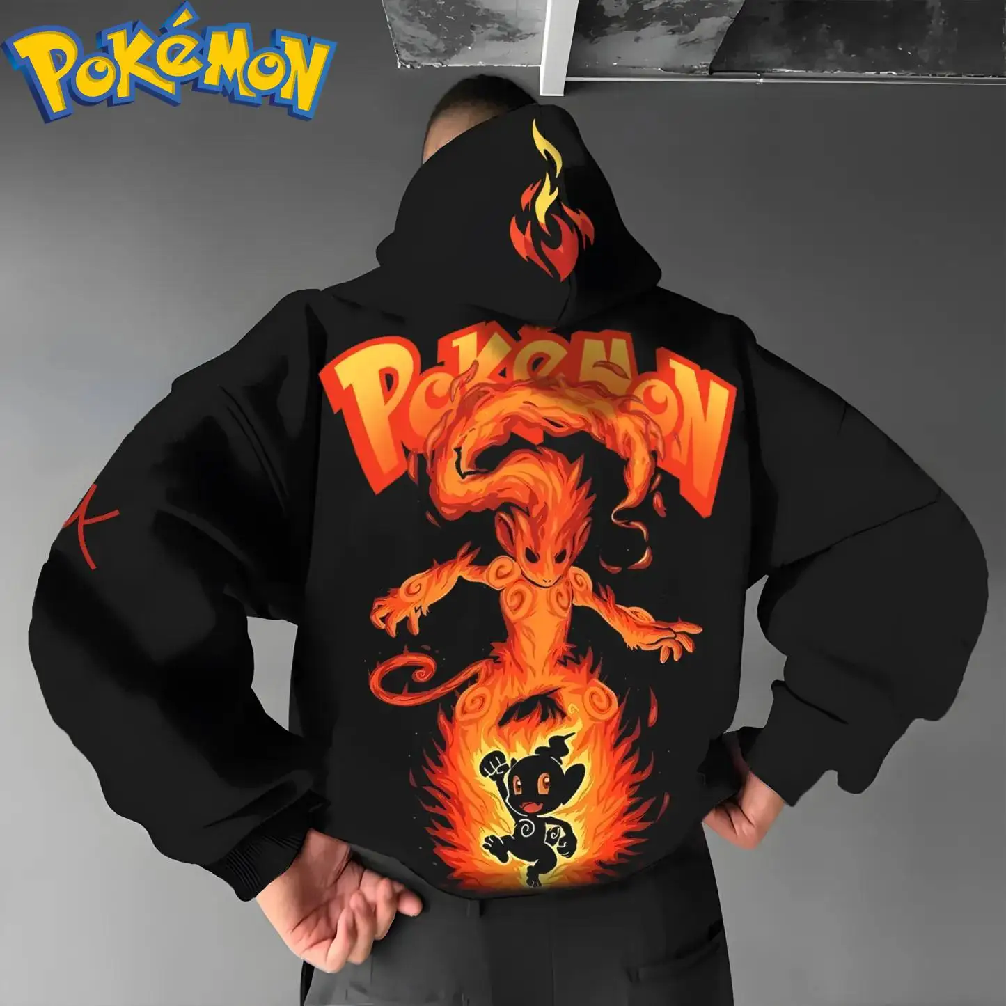 طقم سراويل هاراجوكو بقلنسوة قطنية من Pokemon Anime Infernape بنمط لهب أسود برتقالي مع تصميم شخصية صغيرة مكون من قطعتين #3