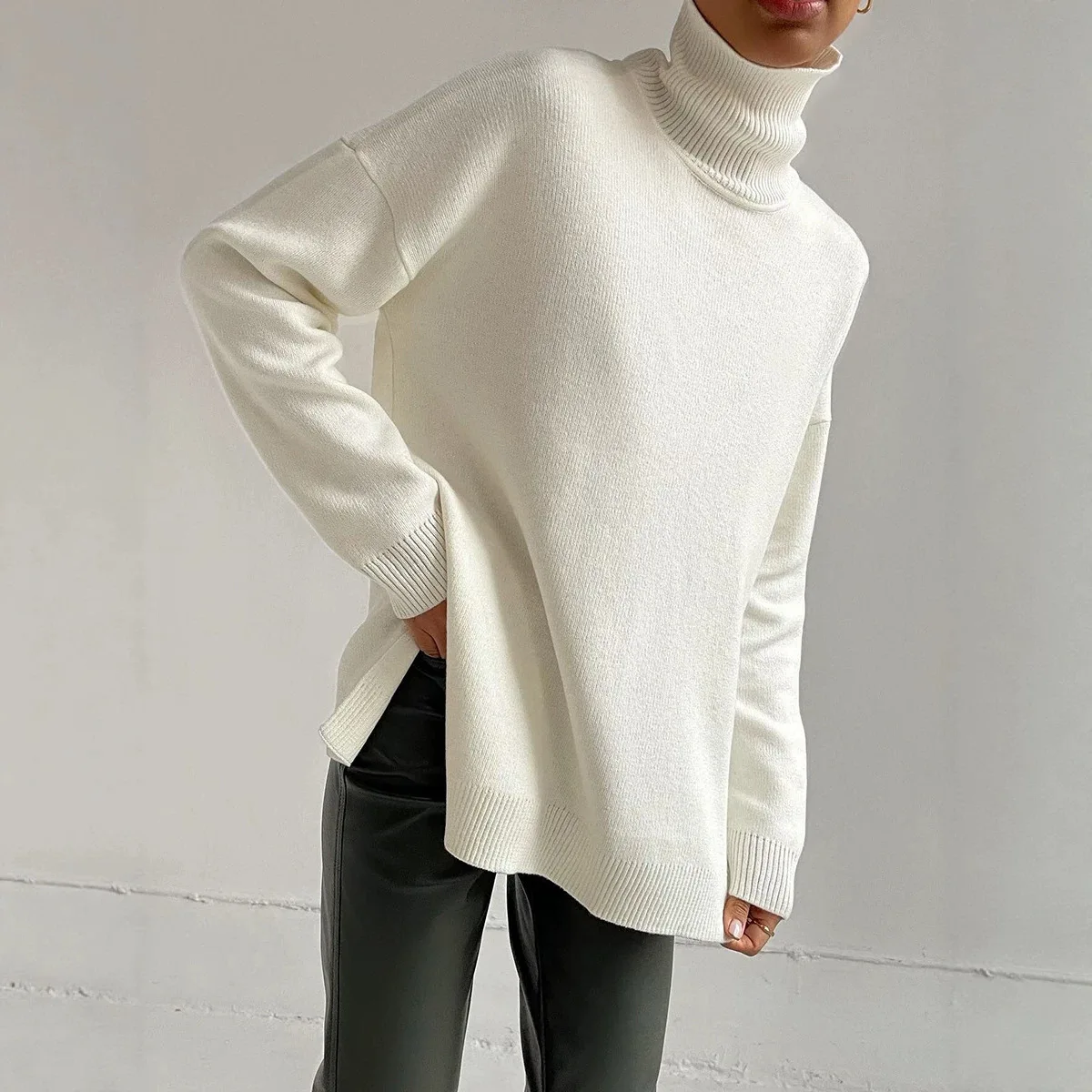 Women's Elegant Turtleneck Long Sleeve Side Slit Oversized Loose Knit Pullover Sweater