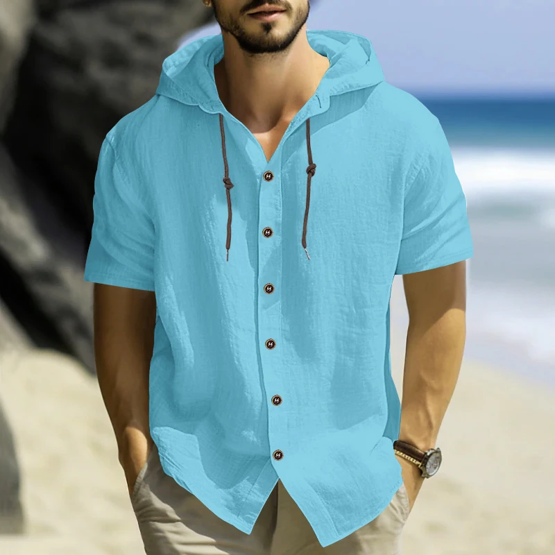 Men\'s lightweight linen beach shirt with hood, short sleeved hippie casual button up hooded shirt, hooded Henry shirt