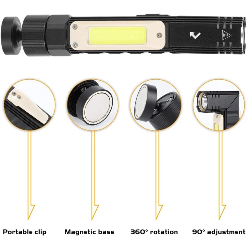 90° Twist Rotary LED Flashlight 5 Modes Light USB Rechargeable Magnetic Tactical Outdoor COB Work Lamp for Camping Fishing