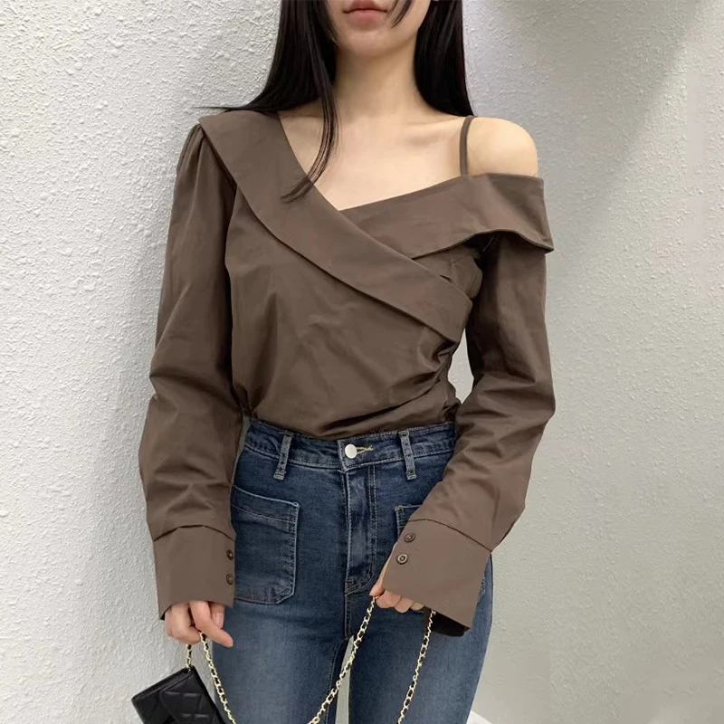 

Blouses Women Long Sleeve Shirts Hot-Sweet Korean Style Solid Off Shoulder All-match Fashion Tender Elegant Temperament