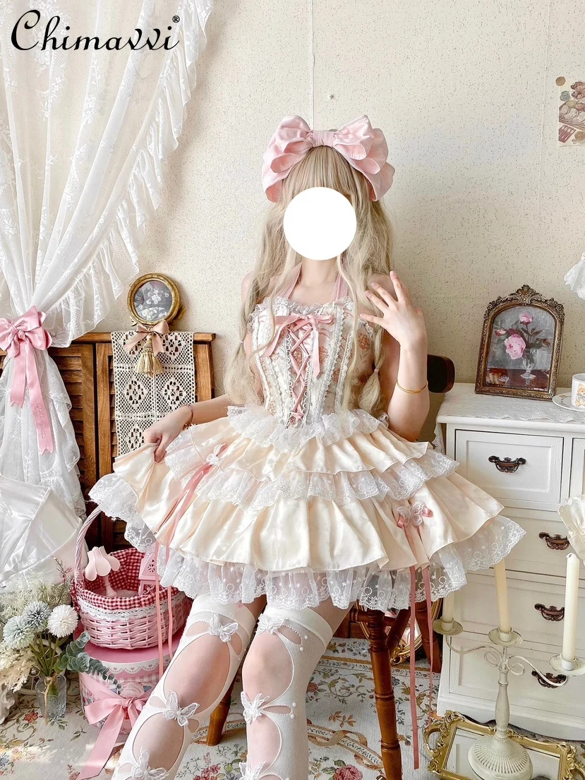 Japanese Sexy Girls Lolita Fishbone Lace Bow Halter Corset Pettiskirt Two Piece Set Women's Sweet Kawaii Skirt Sets Outfits