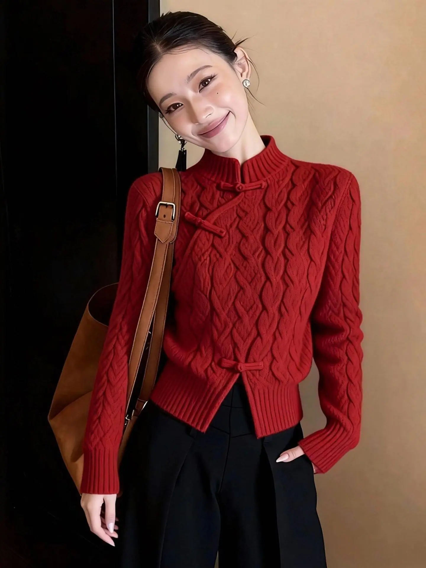 

Red Knitted Stand Collar Sweater Women's Faionable Slimming Aosphere New Chinese Sle Winter New Arrival Ladies Top