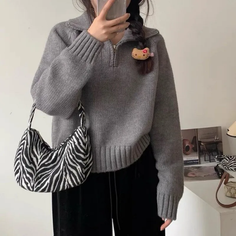

Korean Half High Collar Autumn/Winter Sweater for Women 2025 New Sweet Aging Loose Half Zipper Knitted Sweater for Women