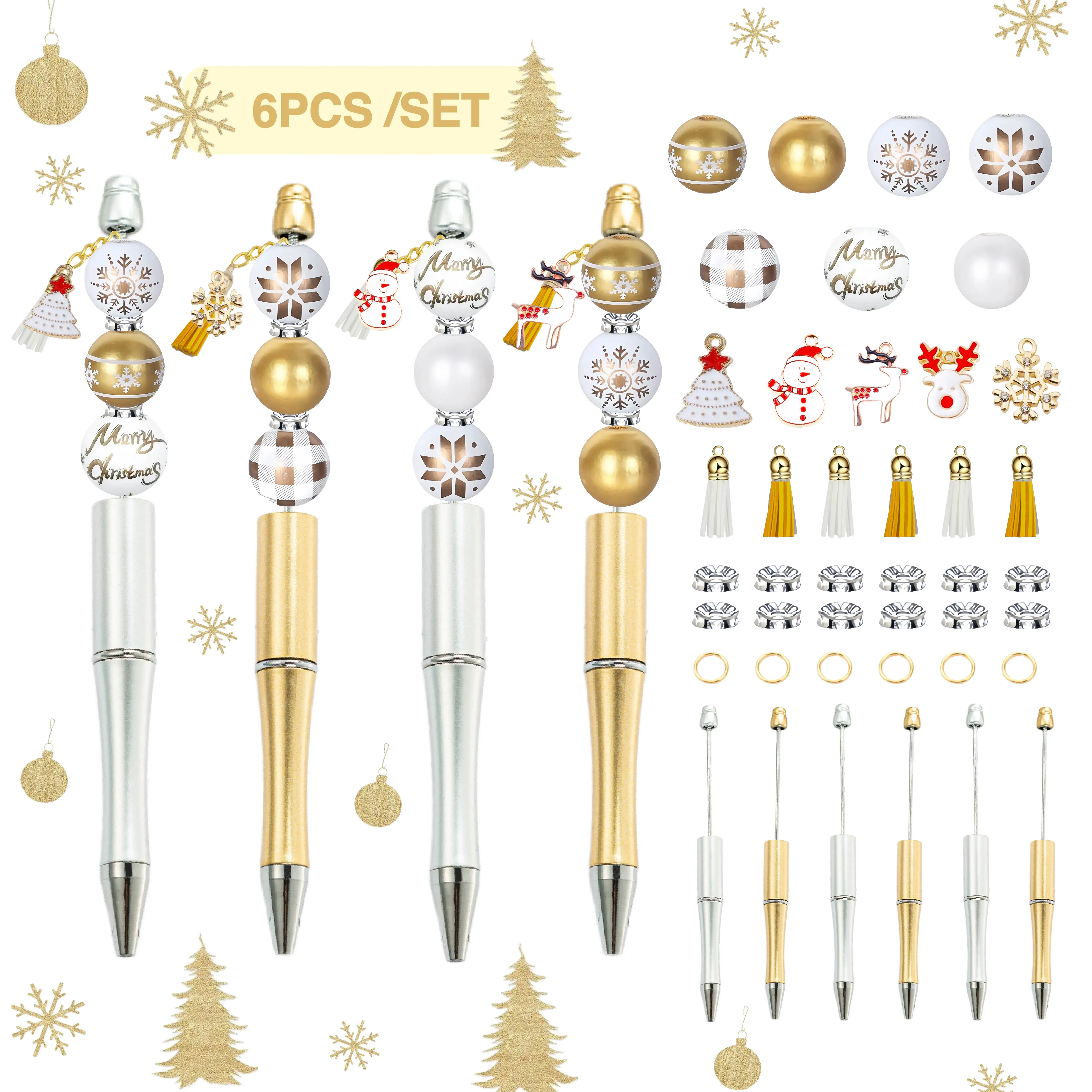 

【Christmas Theme 】 6PCS New Christmas Gold Silver Snowflake Theme DIY Beaded Ballpoint Pen，Great Christmas Gift