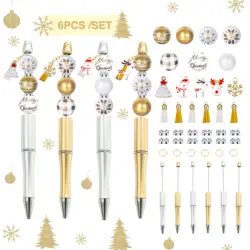 【Christmas Theme 】 6PCS New Christmas Gold Silver Snowflake Theme DIY Beaded Ballpoint Pen,Great Christmas Gift